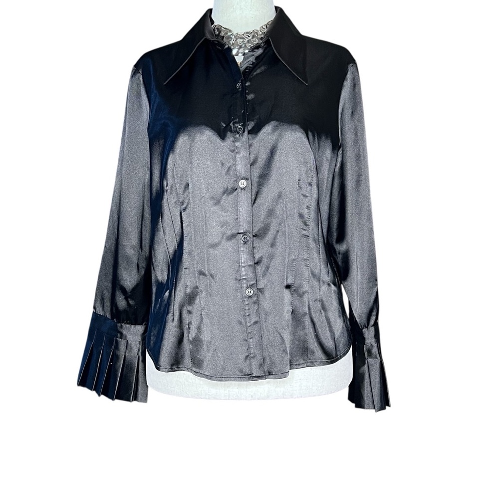 VINTAGE BENTLEY A. Black Satin Collared Button Up Blouse Pleated Cuffs SZ 12